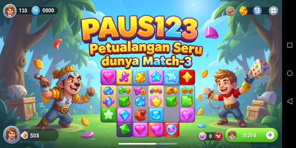 Screenshot utama PAUS123 yang menunjukkan gameplay seru Match-3.