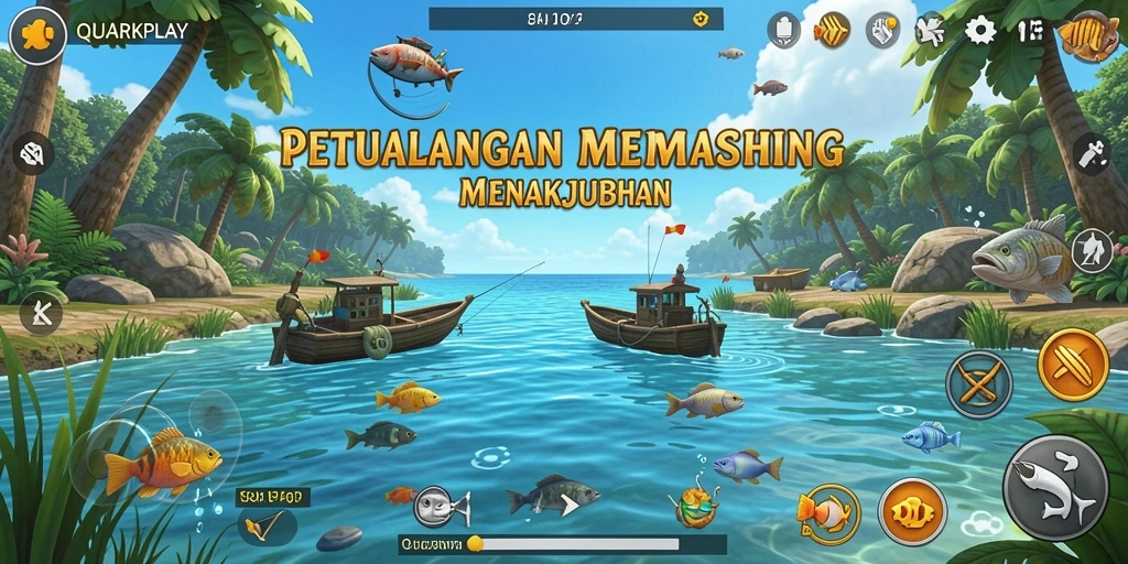 Screenshot gameplay QUARKPLAY menampilkan aksi memancing yang mendebarkan.